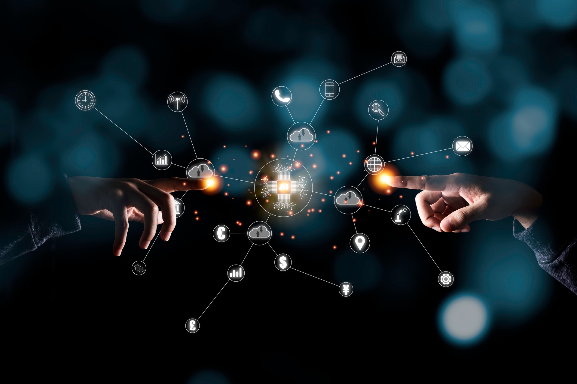 Zwei Hand zeigt auf virtuelle künstliche Intelligenz mit Cloud-Technologie Transformation und Internet der Sache .  Cloud-Technologie-Management Big Data umfassen Geschäftsstrategie, Kundenservice.